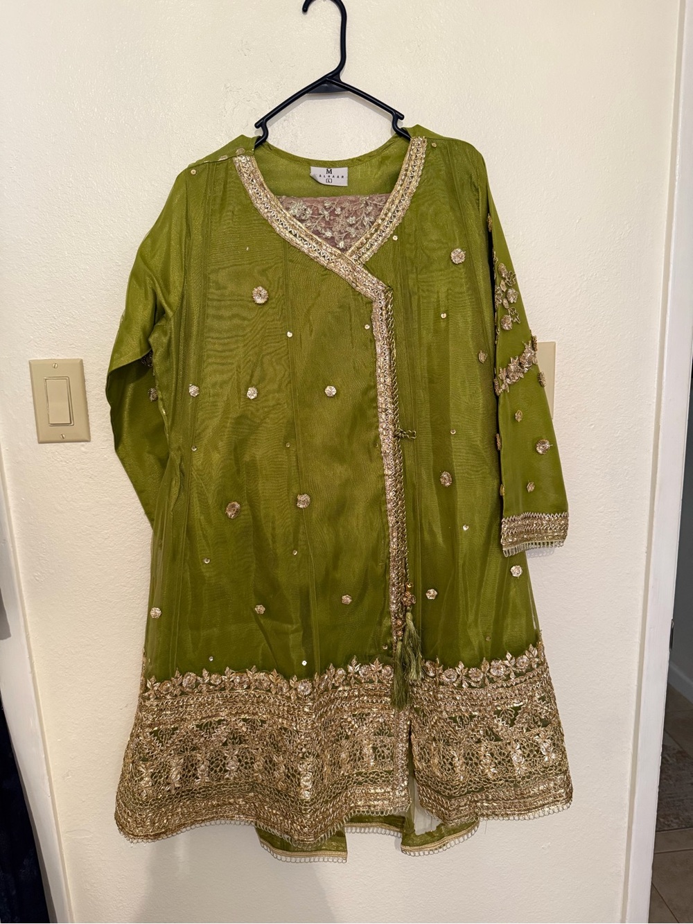 3 Pieces: Pakistani Olive Green Embroidered Women's Gharara